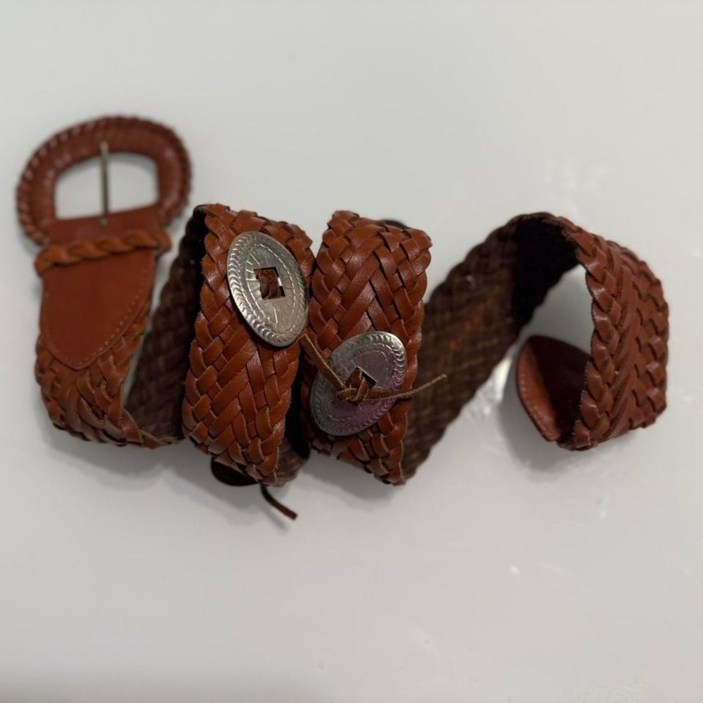 Braided Leather Concho Accent Women’s Belt, Cognac Brown